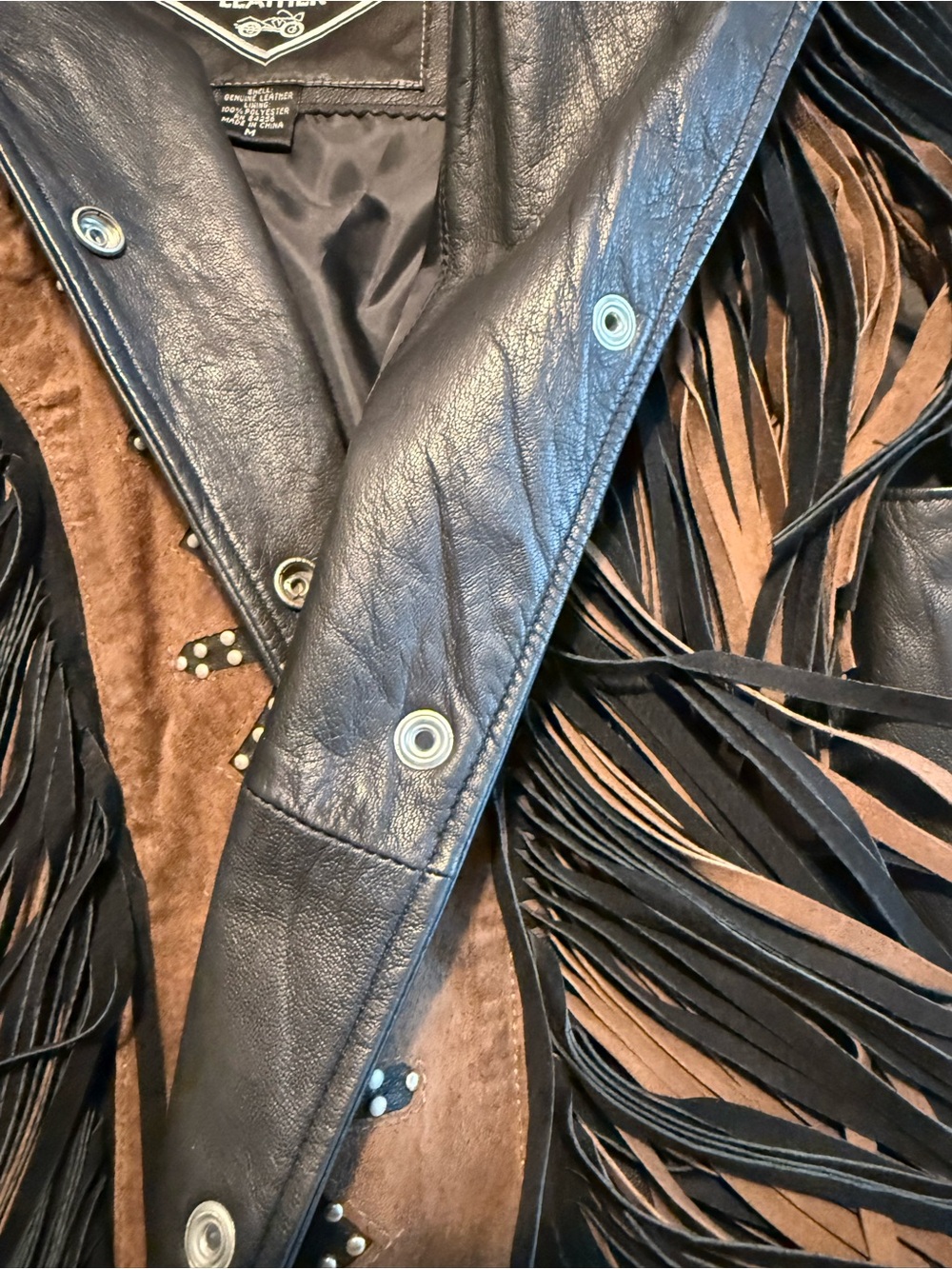 Dark Brown Genuine Leather Fringe Vest with Brown Suede Yoke Western Cowboy M - Picture 7 of 10